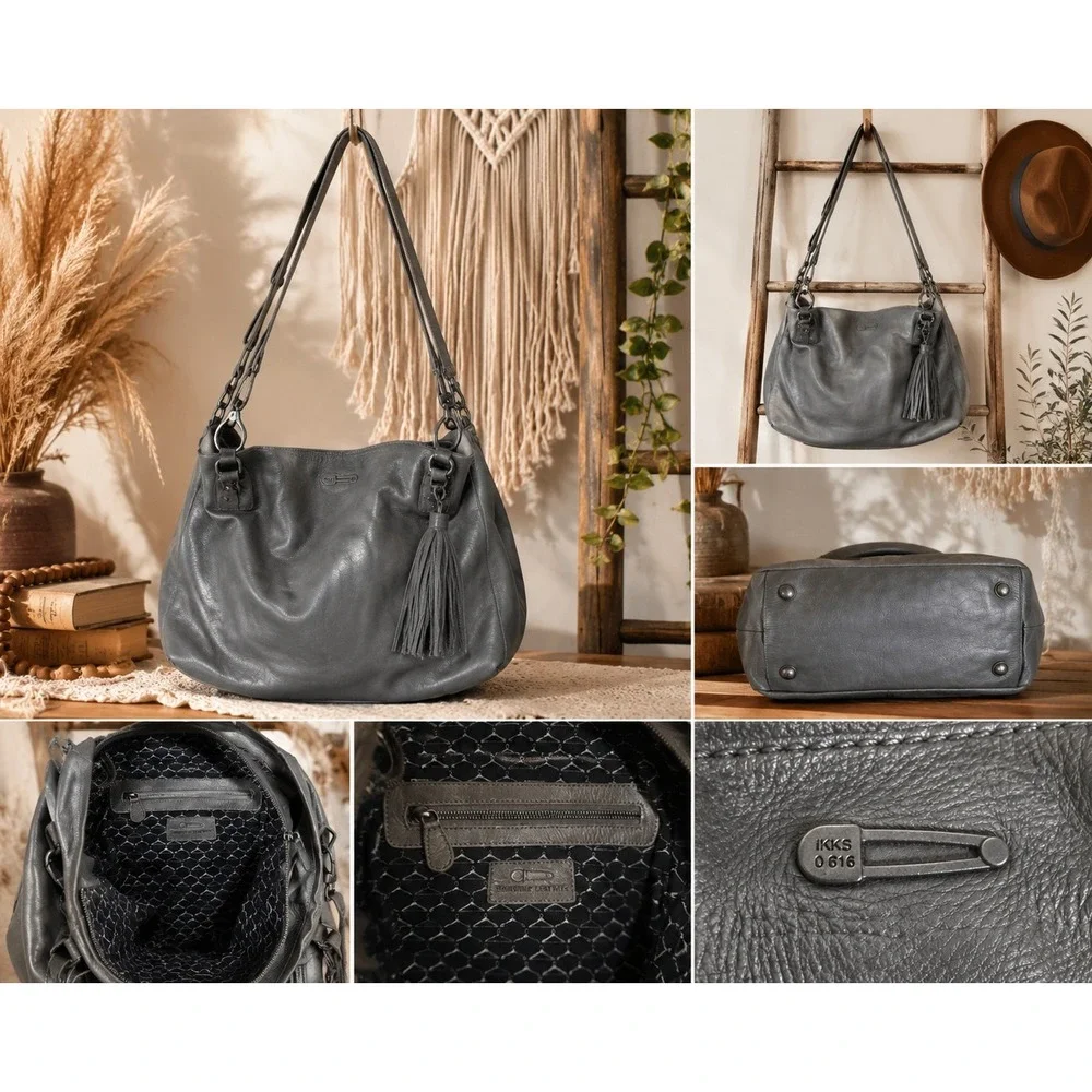 IKKS Gray Leather Slouchy Hobo‎ Tote Crossbody $450 MSRP